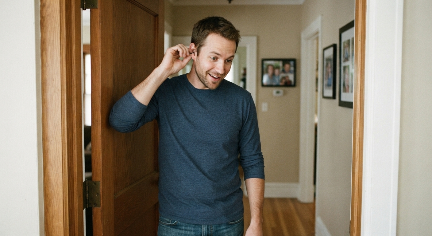 A man in a blue long-sleeve shirt standing in an open wooden doorway, looking down and to the side while holding his ear with his hand.
