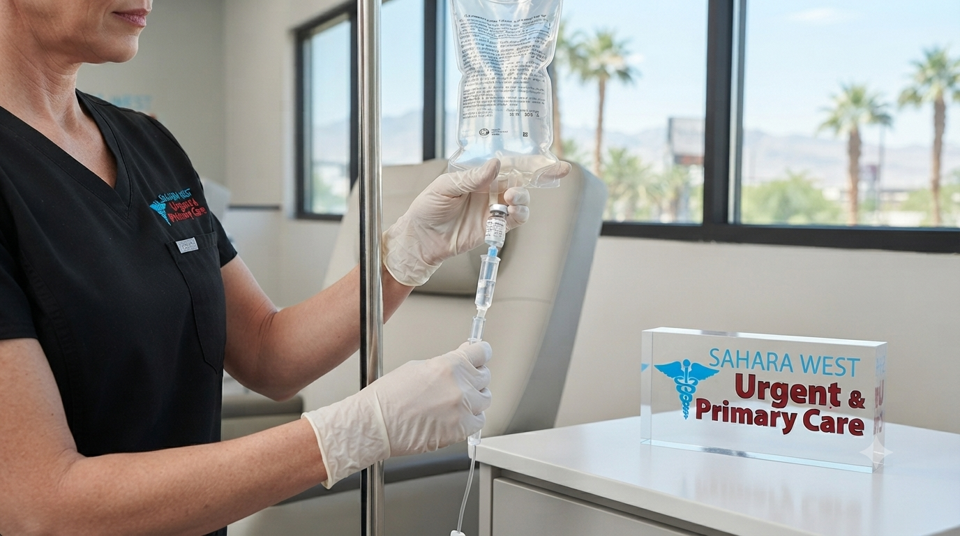 A clinical specialist preparing a sterile IV nutrient bag for rheumatoid arthritis treatment at Sahara West Urgent Care in Las Vegas.