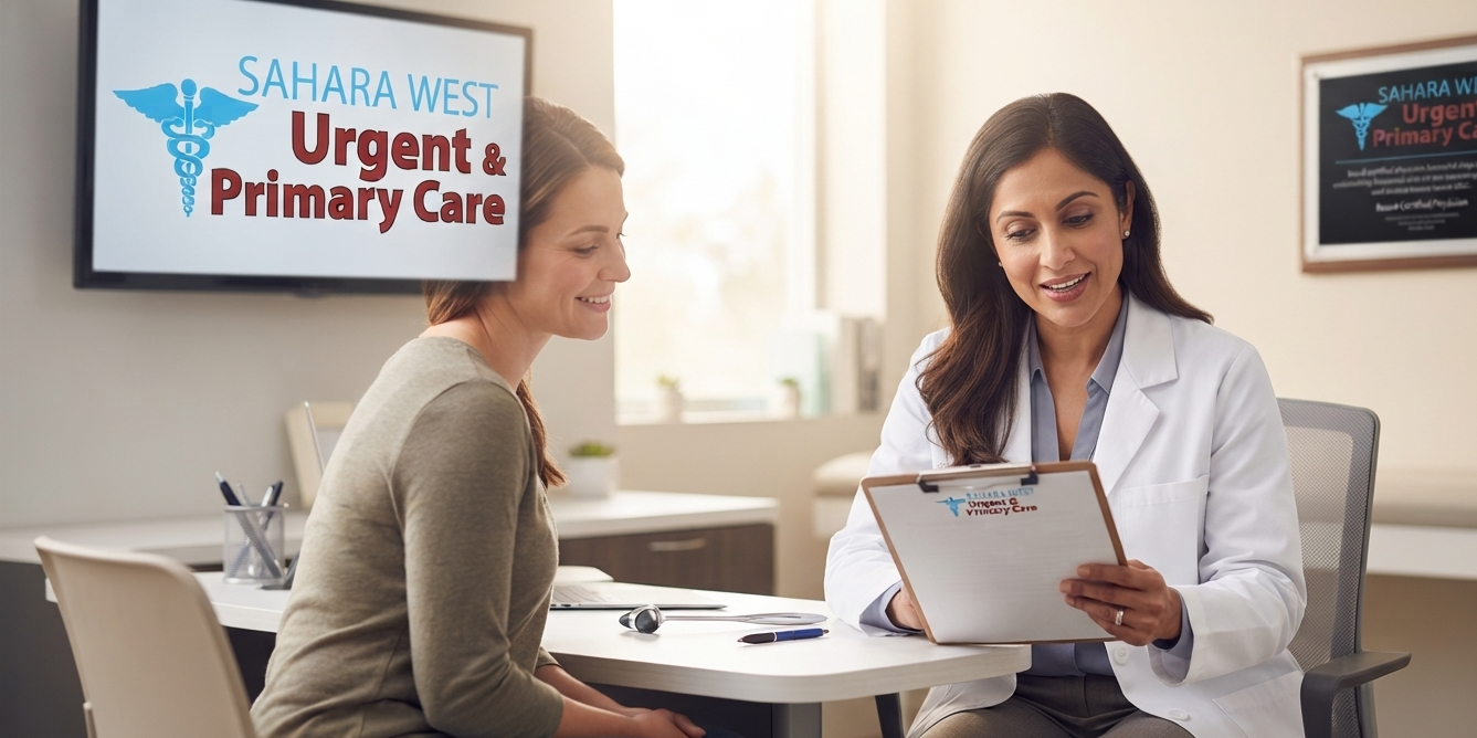 A female doctor in a white coat consults with a smiling female patient in a bright clinic room, with the Sahara West Urgent & Primary Care logo visible on a screen and clipboard.