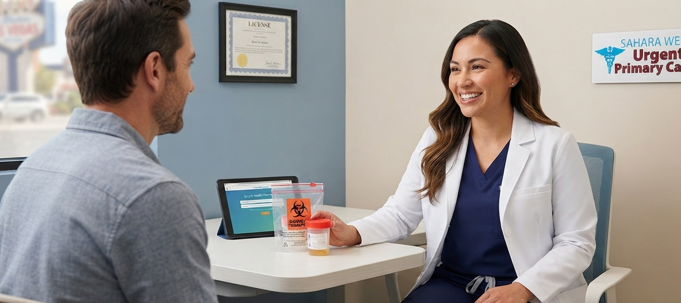 A male patient consults with a female healthcare provider in scrubs at Sahara West Urgent Care in Las Vegas, discussing a urine sample for STD testing.