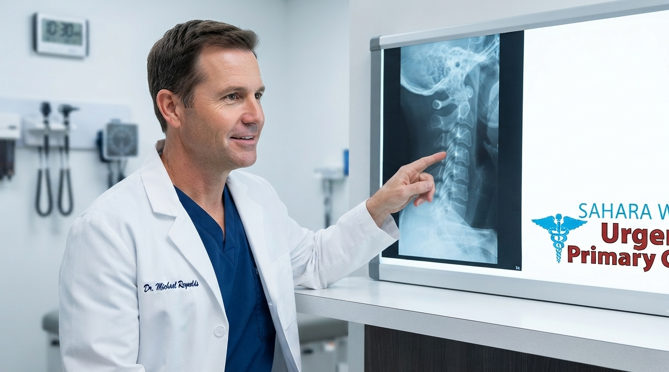 A physician at Sahara West Urgent Care carefully reviews and points to a detailed cervical spine X-ray on an illuminated digital screen.