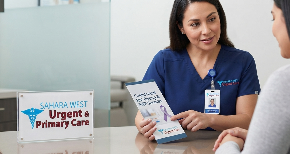A healthcare provider in a consultation room discussing confidential HIV testing and PrEP services with a patient, with Sahara West Urgent Care branding visible on a desk sign and brochure.