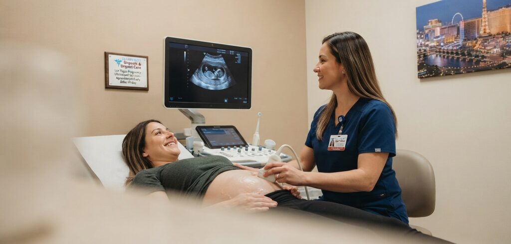 A smiling pregnant woman receives a transabdominal ultrasound scan from a female technician in scrubs at Sahara West Urgent Care. The ultrasound monitor clearly shows a developing fetus, and a framed Las Vegas skyline picture hangs on the wall.