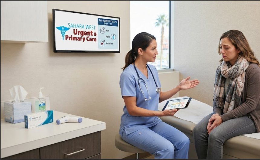 A female healthcare provider in blue scrubs sits in an exam room consulting with a seated female patient wearing a scarf, while a wall monitor displays the Sahara West Urgent & Primary Care logo and a flu recovery chart.