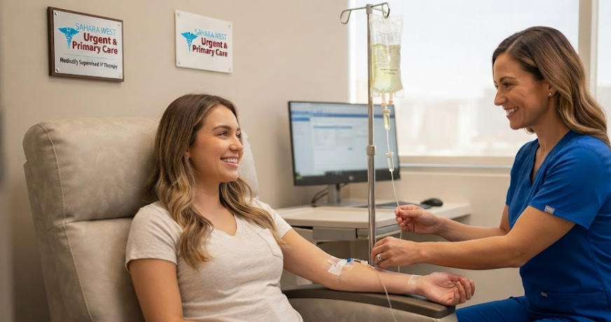 A friendly nurse in blue scrubs smiles as she adjusts an IV drip for a relaxed female patient sitting in a comfortable chair inside a modern Las Vegas medical clinic. The Sahara West Urgent Care and Primary Care logo is mounted on the wall in the background.