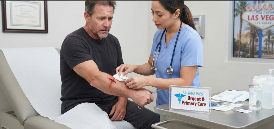 A healthcare provider in blue scrubs carefully cleans a laceration on a patient's arm in a clinical exam room, with a branded desk plaque featuring the Sahara West Urgent & Primary Care logo in the foreground.