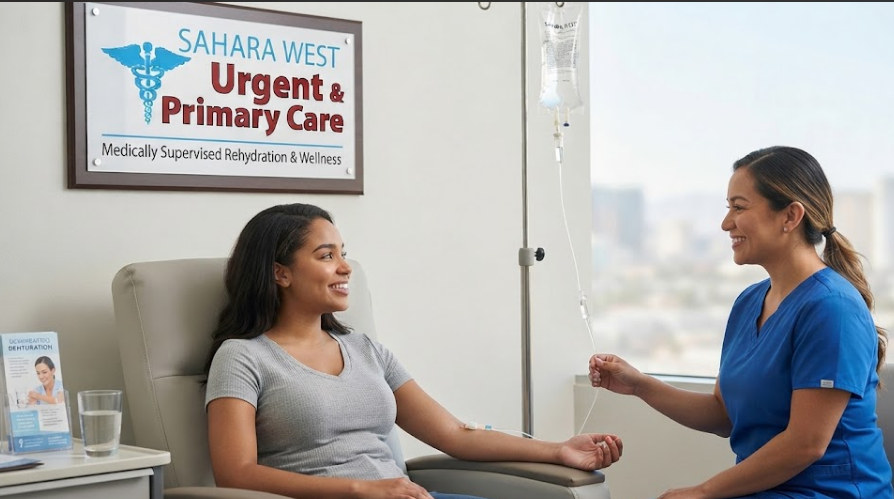 A smiling nurse in blue scrubs administers an IV drip to a relaxed female patient in a modern Las Vegas medical clinic. A plaque featuring the Sahara West Urgent and Primary Care logo hangs on the wall, and a glass of water sits on a nearby side table.