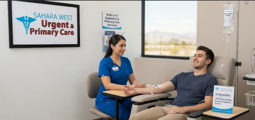 A friendly medical professional in blue scrubs sitting beside a smiling male patient receiving IV hydration therapy for hangover recovery in a comfortable clinical room at Sahara West Urgent Care in Las Vegas.