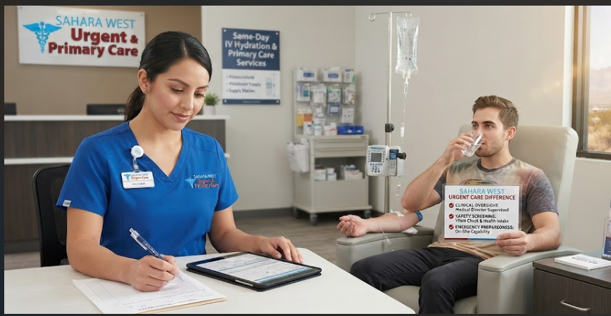 A medical professional in blue scrubs reviewing intake forms while a patient receives safe, same-day IV hydration therapy in a clinical room at Sahara West Urgent Care in Las Vegas.