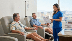 A friendly medical professional in blue scrubs reviewing a transparent pricing and treatment sheet with two male patients receiving IV hydration therapy in comfortable recliners at Sahara West Urgent Care, with a city view in the background.