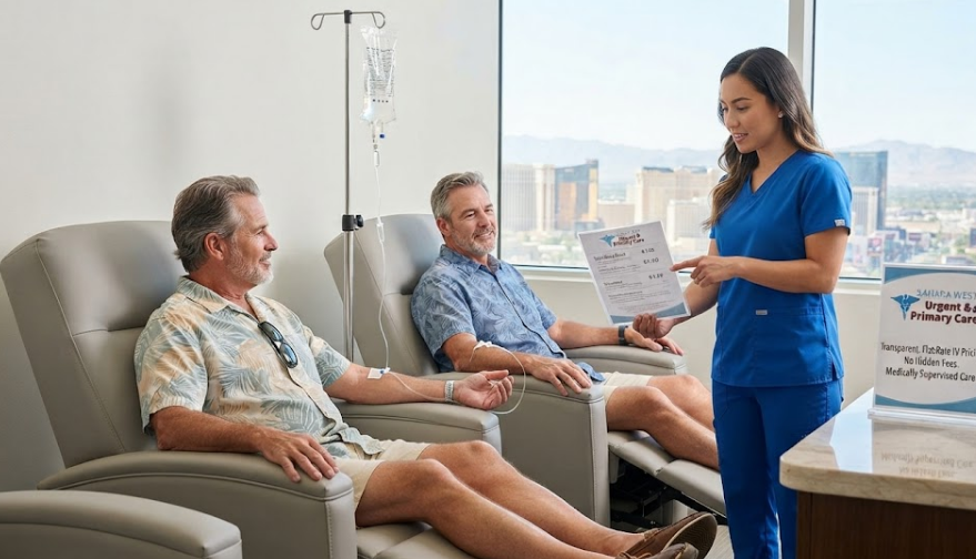 A friendly medical professional in blue scrubs reviewing a transparent pricing and treatment sheet with two male patients receiving IV hydration therapy in comfortable recliners at Sahara West Urgent Care, with a city view in the background.