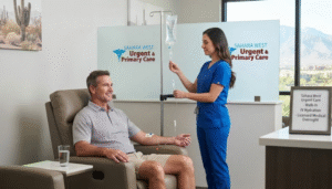 A friendly medical professional in blue scrubs adjusting an IV drip for an active male patient receiving walk-in hydration therapy at Sahara West Urgent Care near Summerlin, Las Vegas, with the clinic logo displayed on the glass partition.