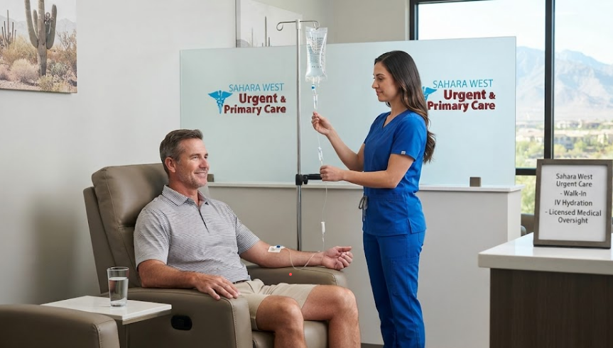 A friendly medical professional in blue scrubs adjusting an IV drip for an active male patient receiving walk-in hydration therapy at Sahara West Urgent Care near Summerlin, Las Vegas, with the clinic logo displayed on the glass partition.