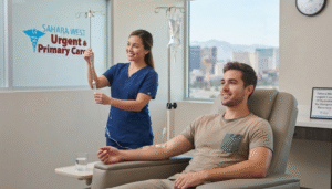 A friendly medical professional adjusting an IV drip for a relaxed male patient receiving hangover hydration therapy inside the clean clinic at Sahara West Urgent Care in Las Vegas, with the clinic logo visible on the wall.