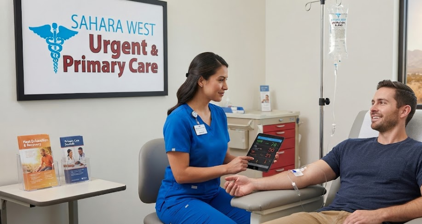 A medical professional in blue scrubs reviewing patient vitals on a tablet while a smiling male patient receives IV hydration therapy for heat exhaustion in a bright clinical room at Sahara West Urgent Care in Las Vegas.