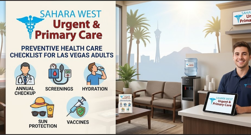 Infographic displaying a preventive health care checklist for Las Vegas adults next to a reception desk at Sahara West Urgent & Primary Care.