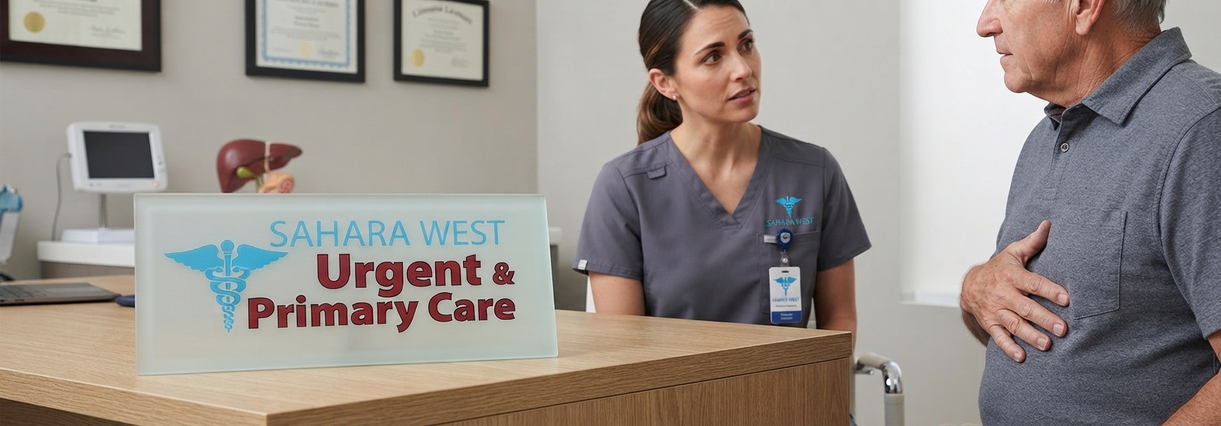 A medical professional consulting with a patient in an examination room at Sahara West Urgent Care.