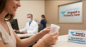 A smiling female patient holding a urine collection container at Sahara West Urgent Care, with a promotional sign reading "Same-Visit UTI Results & Treatment," a doctor working in the background, and the clinic logo on the wall.