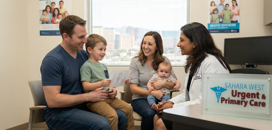 A family of four, including a father, mother, young son, and baby, sitting in a clinic exam room smiling and talking with a female doctor. A desk sign in the foreground clearly reads "SAHARA WEST Urgent & Primary Care" with a medical caduceus symbol. Posters are on the wall and a cityscape is visible through the window.