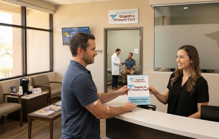 A smiling patient at the Sahara West Urgent Care and Primary Care reception desk receiving transparent pricing details from a staff member, with the clinic's logo displayed on the wall and information sheet.