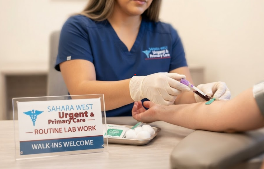 Close-up of a medical professional in blue scrubs performing a routine blood draw for a patient at Sahara West Urgent Care, with a branded acrylic sign and sterile equipment on the desk.