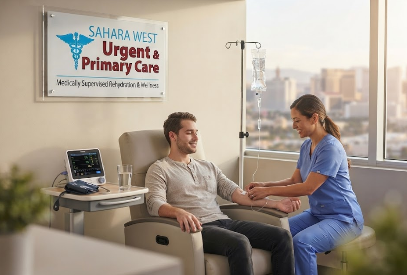 A friendly registered nurse in blue scrubs administers an IV hydration treatment to a relaxed male patient sitting in a modern medical clinic room at Sahara West Urgent & Primary Care in Las Vegas.