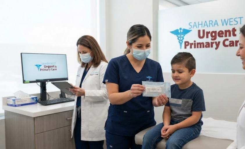 A medical assistant showing a rapid strep test result to a young boy in an exam room at Sahara West Urgent Care, with a doctor nearby and the clinic logo on the wall.