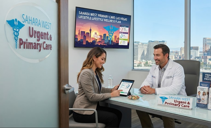 A realistic photo of a professional medical consultation inside a modern clinic in Las Vegas. A smiling male doctor in a white lab coat is talking with a professional female patient reviewing health data on a tablet. The clinic room features large windows showing the Las Vegas skyline, branded desk signage, and the Sahara West Urgent & Primary Care logo prominently displayed on the glass door and wall.