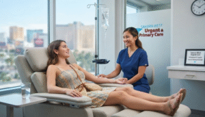 A smiling female tourist in a casual summer dress relaxing in a clinical recliner while receiving walk-in IV hydration therapy from a medical professional at Sahara West Urgent Care in Las Vegas, with a view of the city skyline outside the window.