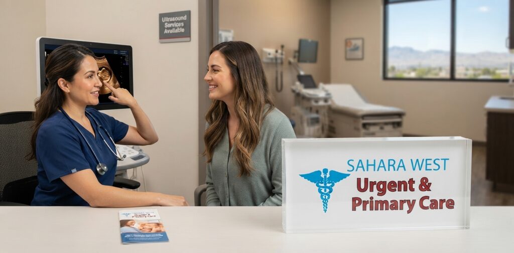 A female doctor in scrubs and a stethoscope consults with a smiling female patient in a modern Las Vegas clinic, pointing to a prenatal ultrasound image on a screen, with a branded desk sign visible in the foreground.