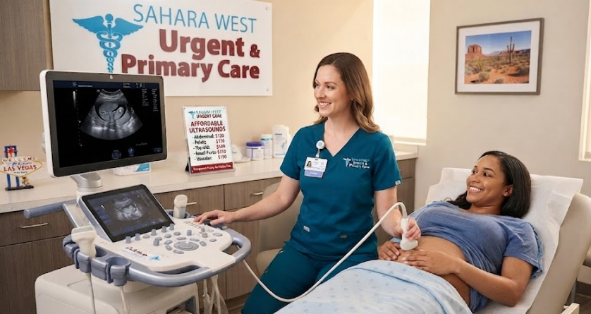 A medical professional performing an ultrasound scan on a smiling patient in an exam room at Sahara West Urgent Care & Primary Care in Las Vegas, featuring transparent pricing signage and clinic branding.