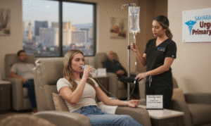 A patient receiving IV therapy in a comfortable clinic chair next to a medical professional, with the Sahara West Urgent Care logo visible on the wall.