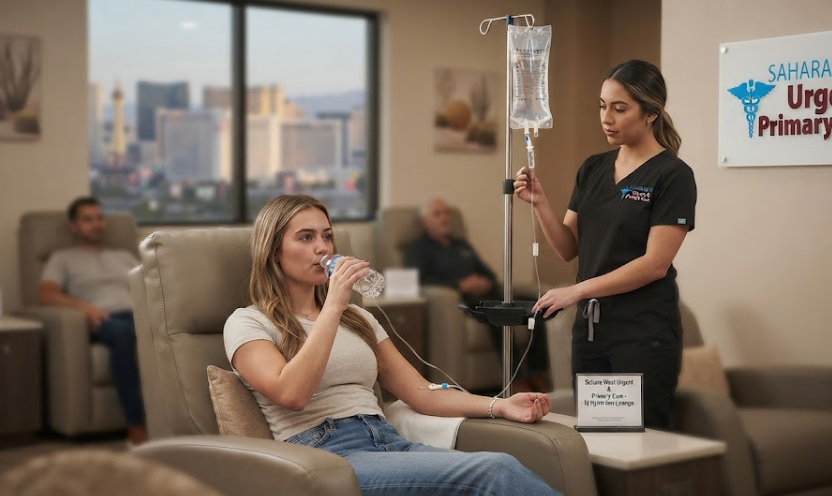 A patient receiving IV therapy in a comfortable clinic chair next to a medical professional, with the Sahara West Urgent Care logo visible on the wall.