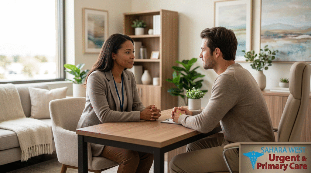 A compassionate provider and patient having a supportive conversation about emotional resilience in a modern clinic at Sahara West Urgent & Primary Care.