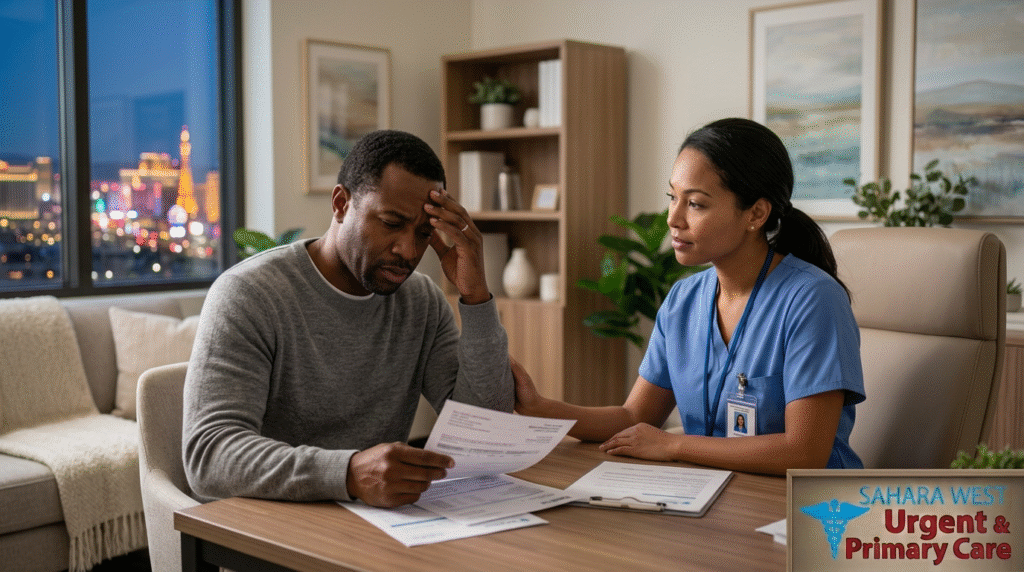 A stressed patient discussing financial anxiety and mental health with a provider at Sahara West Urgent & Primary Care, with Las Vegas lights in the background.