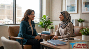 A diverse mental health provider and patient engaged in an inclusive, supportive consultation at Sahara West Urgent & Primary Care in Las Vegas.