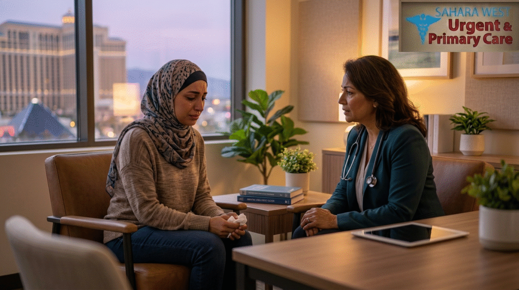 A compassionate provider comforting a patient struggling with relationship loss in a private clinic at Sahara West Urgent & Primary Care.