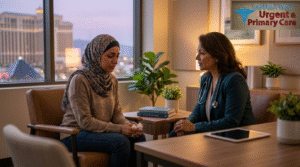 A compassionate provider comforting a patient struggling with relationship loss in a private clinic at Sahara West Urgent & Primary Care.