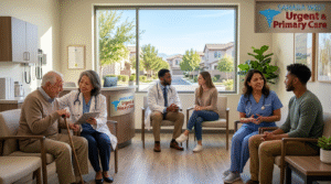 Diverse patients including a senior and a young adult receiving supportive mental health consultations at Sahara West Urgent & Primary Care.