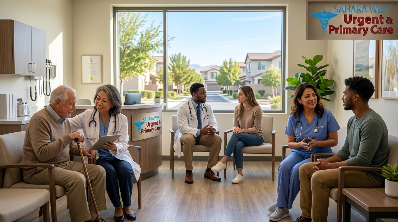 Diverse patients including a senior and a young adult receiving supportive mental health consultations at Sahara West Urgent & Primary Care.