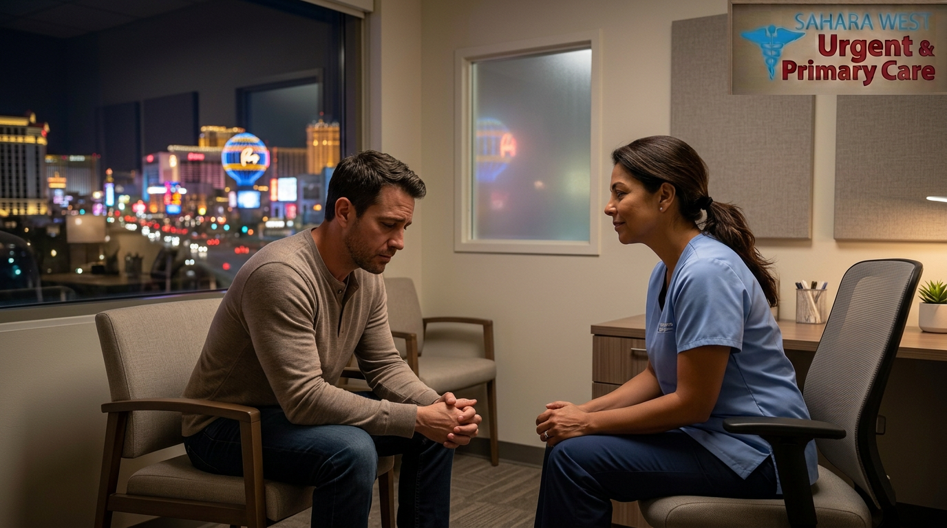 A patient discussing alcohol use and mental health with a compassionate provider at Sahara West Urgent & Primary Care, with Las Vegas neon lights visible outside.