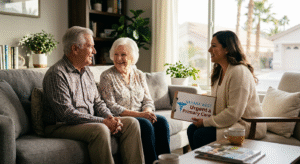 An elderly couple sits on a sunlit sofa in a modern Las Vegas home, engaging in a warm, supportive conversation with a healthcare professional holding a Sahara West Urgent & Primary Care clipboard