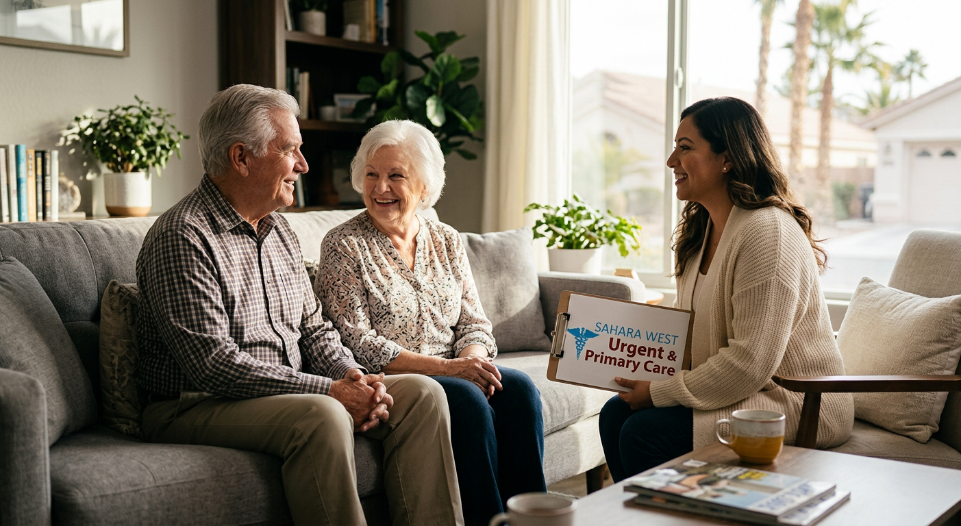 An elderly couple sits on a sunlit sofa in a modern Las Vegas home, engaging in a warm, supportive conversation with a healthcare professional holding a Sahara West Urgent & Primary Care clipboard