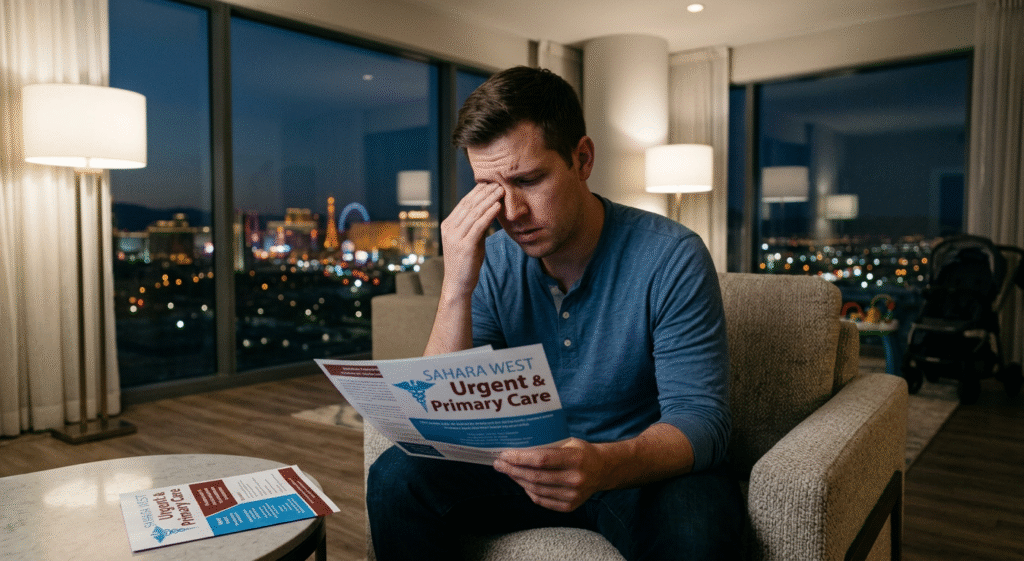 A Las Vegas father analyzing clinical wellness documentation from Sahara West Urgent & Primary Care in a domestic setting, reflecting the transition from burnout to medical support.