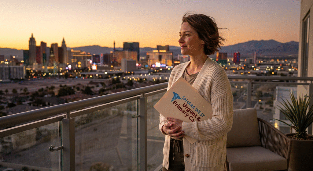 A Las Vegas resident viewing clinical wellness resources from Sahara West Urgent & Primary Care against a city backdrop, representing the integration of professional mental health support during personal change.