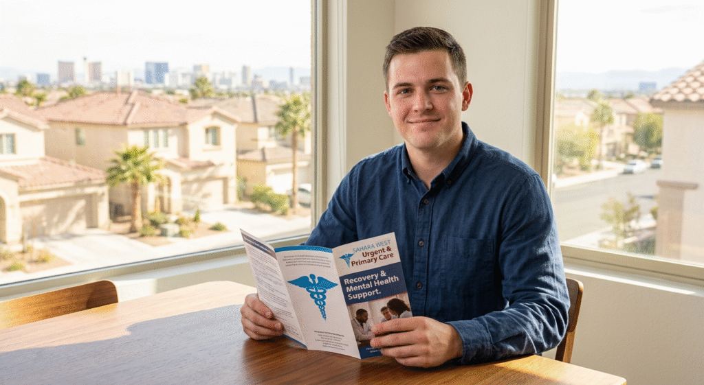 A Las Vegas resident engaging with clinical recovery resources from Sahara West Urgent & Primary Care, illustrating the transition from self-medication to professional medical support. Caption: Integrated treatment plans addressing both mental health and substance use are vital for sustainable recovery and neurological stability.