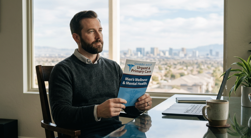 A Las Vegas professional male subject reviewing clinical wellness literature from Sahara West Urgent & Primary Care, representing the integration of mental health maintenance into a high-performance lifestyle.
