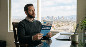 A Las Vegas professional male subject reviewing clinical wellness literature from Sahara West Urgent & Primary Care, representing the integration of mental health maintenance into a high-performance lifestyle.