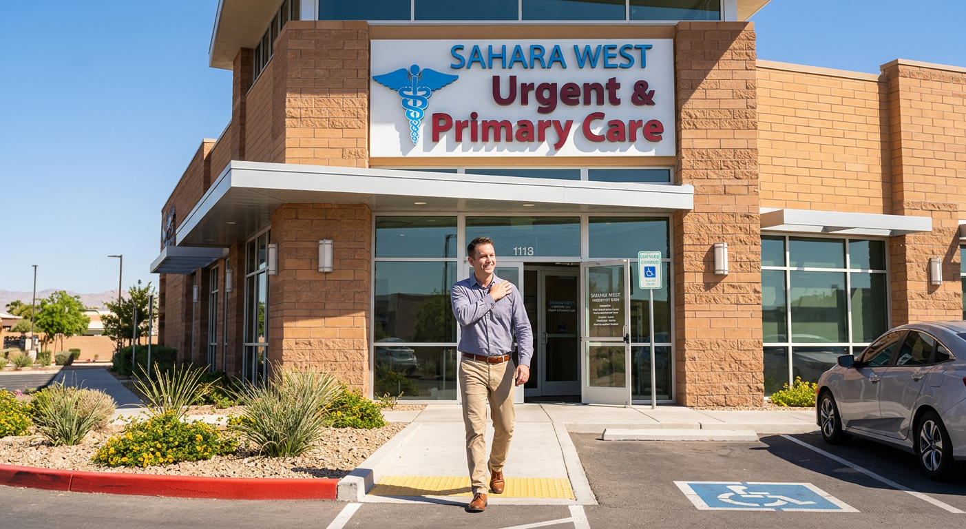 A Las Vegas resident utilizing walk-in medical services at Sahara West Urgent & Primary Care, highlighting the convenience of immediate clinical evaluation over traditional appointment waitlists.