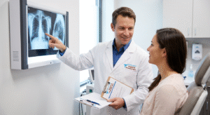A healthcare provider at Sahara West Urgent & Primary Care reviewing digital X-ray diagnostics with a patient, illustrating the efficiency of on-site medical imaging in a walk-in setting.